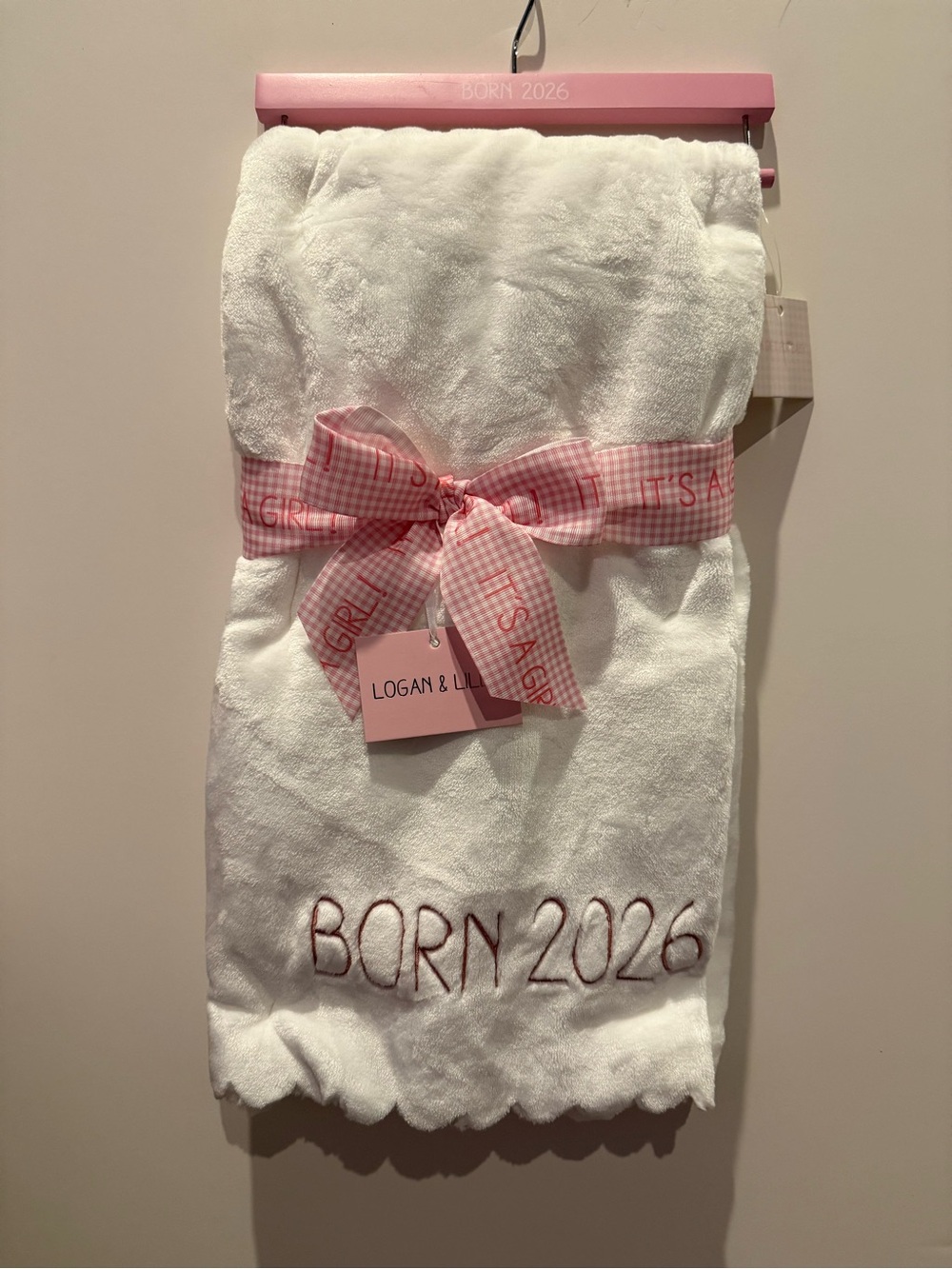 Pretty in Pink Born 2026 White Baby Blanket with Scalloped Edges- NWT
